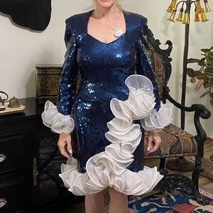 Navy Sequin Dress with White Ruffle Accents